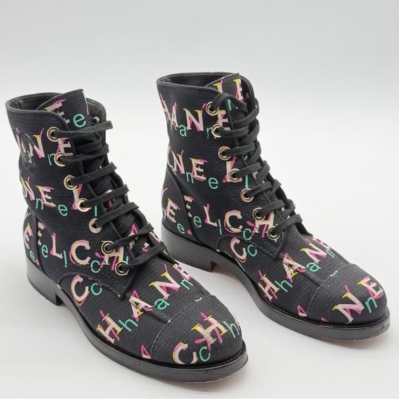 Chanel 2019 Interlocking CC Logo Multi Colored Combat Boots Size 37.5 - Picture 4 of 16